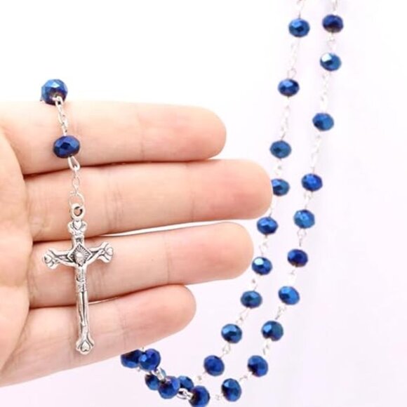 Deep Metallic Blue Crystal Rosary Necklace Jesus Cross Religious Jewelry NWOT - Picture 11 of 13